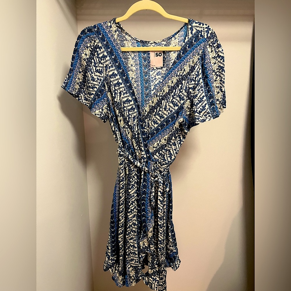 blue pattern wrap dress